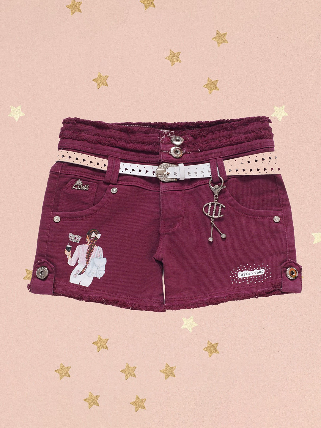 Miss & Chief Girls Belted Slim Fit High-Rise Denim Shorts