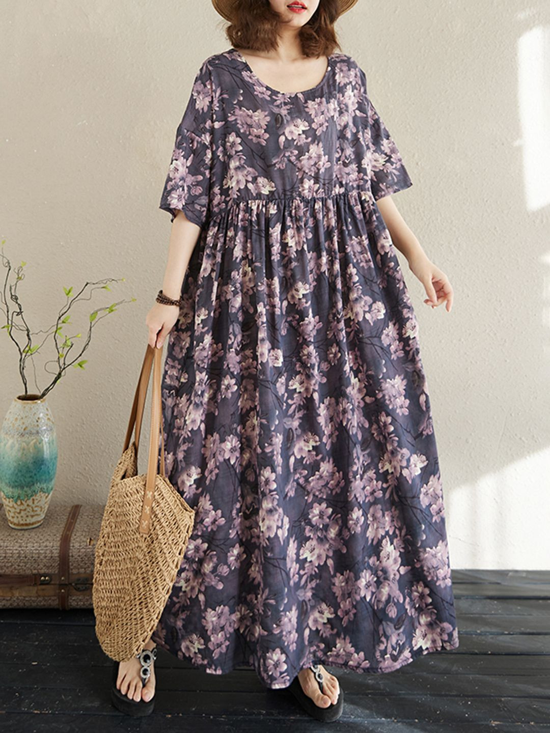 JC Mode Floral Print Drop Shoulder Sleeves A-Line Maxi Dress
