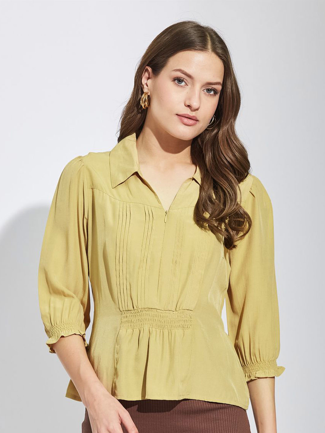Latin Quarters Women Solid Smocking Shirt Collar Shirt Style Top