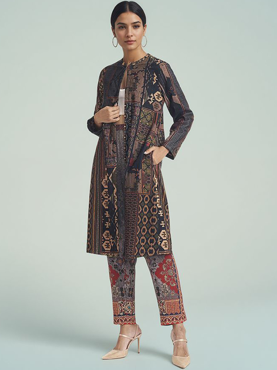 SAUNDH Women Viscose Rayon Longline Open Front Jacket with Embroidered