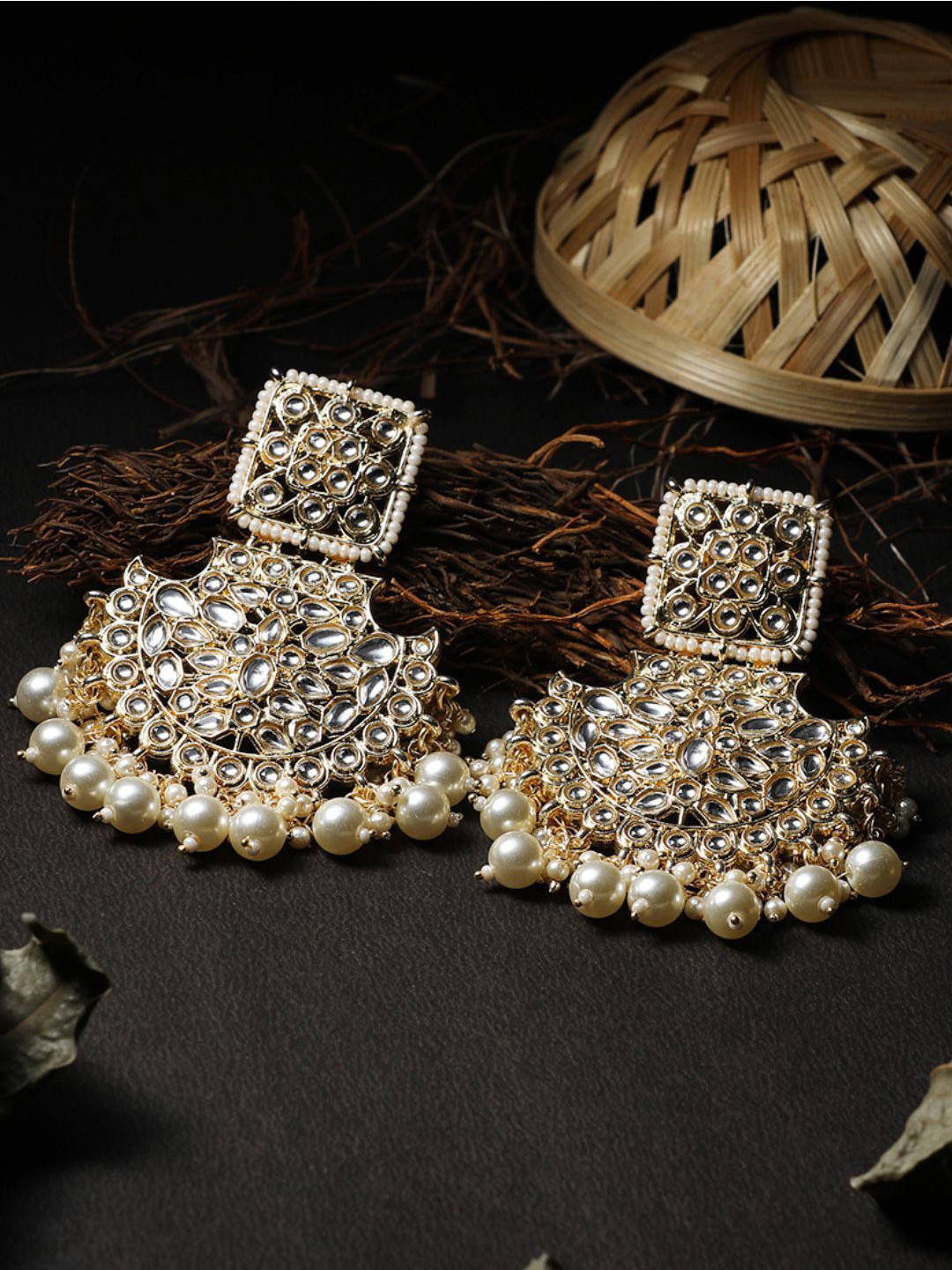 AnoukArtificial Gold-Plated Stones Studded and Beaded Crescent Shaped Chandbalis