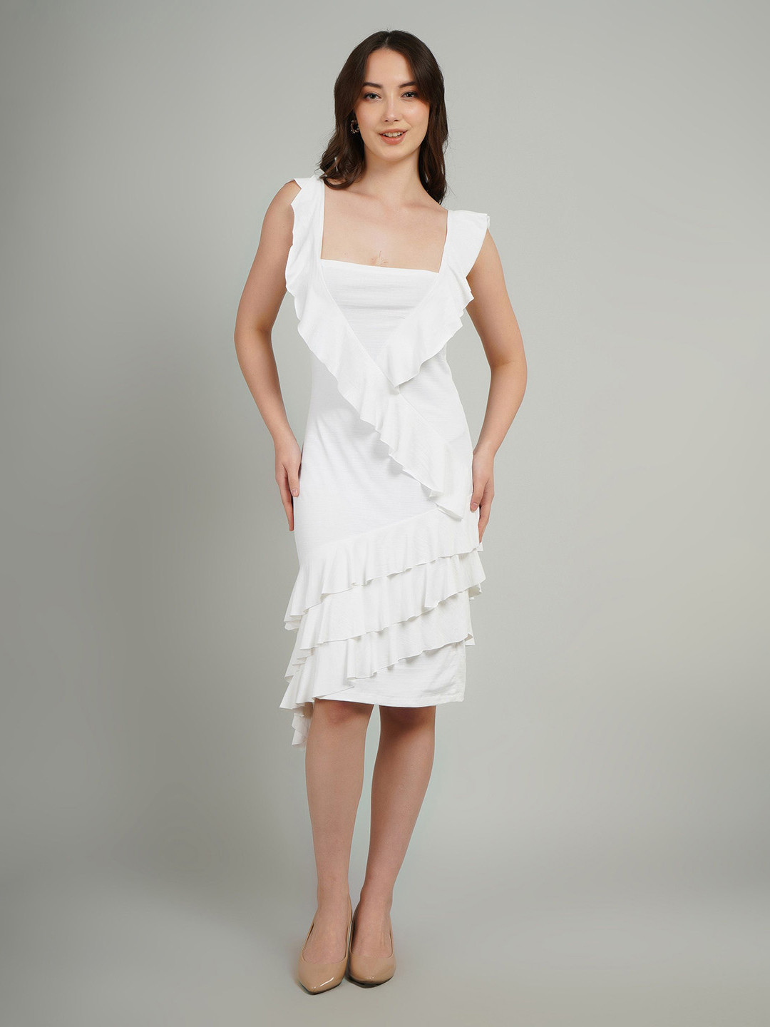 Gora Glama Women Square Neck Ruffles Sheath Dress