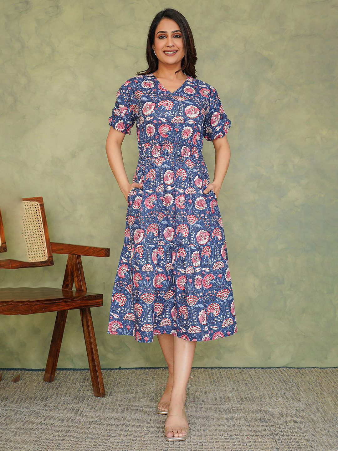 Label Ceres Girls Floral Printed V-Neck Fit & Flare Midi Dress
