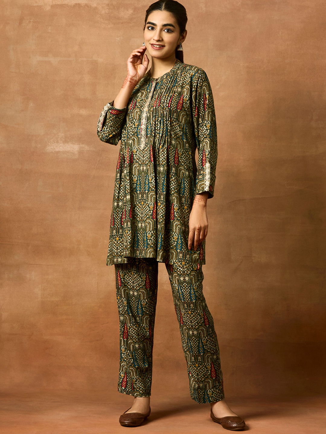 WOMEN PLUS Green Printed Tunic With Trouser Rayon Co-Ord Set