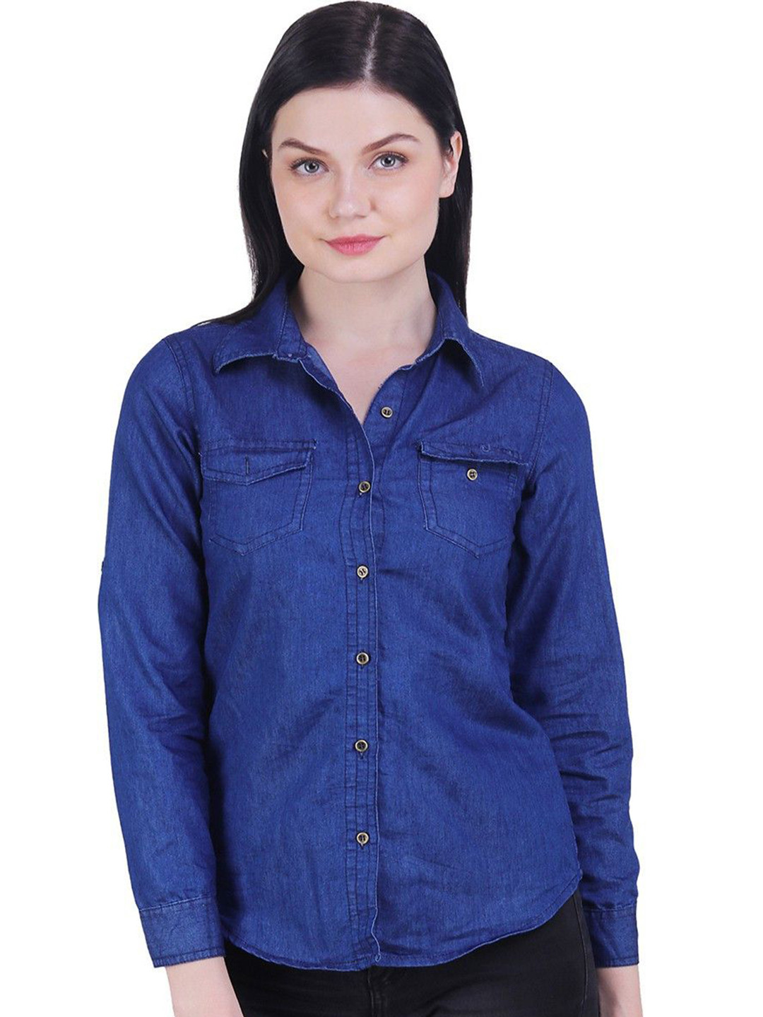 GIRLS WITH WINGS Women Solid Denim Chest Pockets Casual Shirt