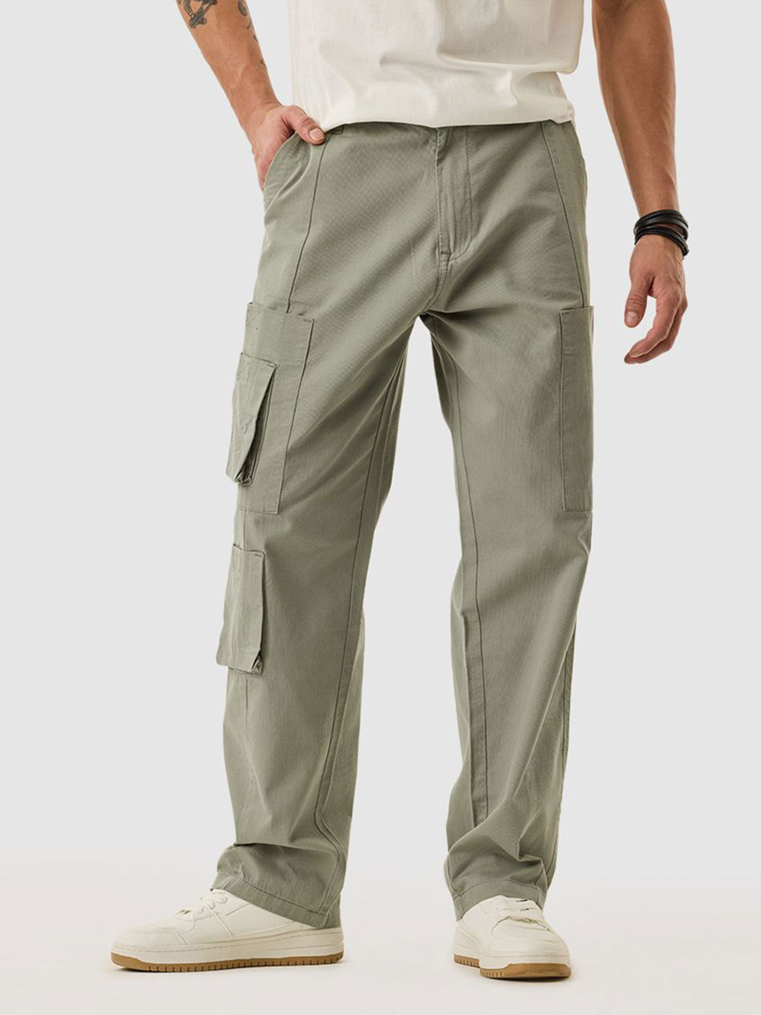 Snitch Men Sage Green Cargos Mid Rise Cotton Trousers