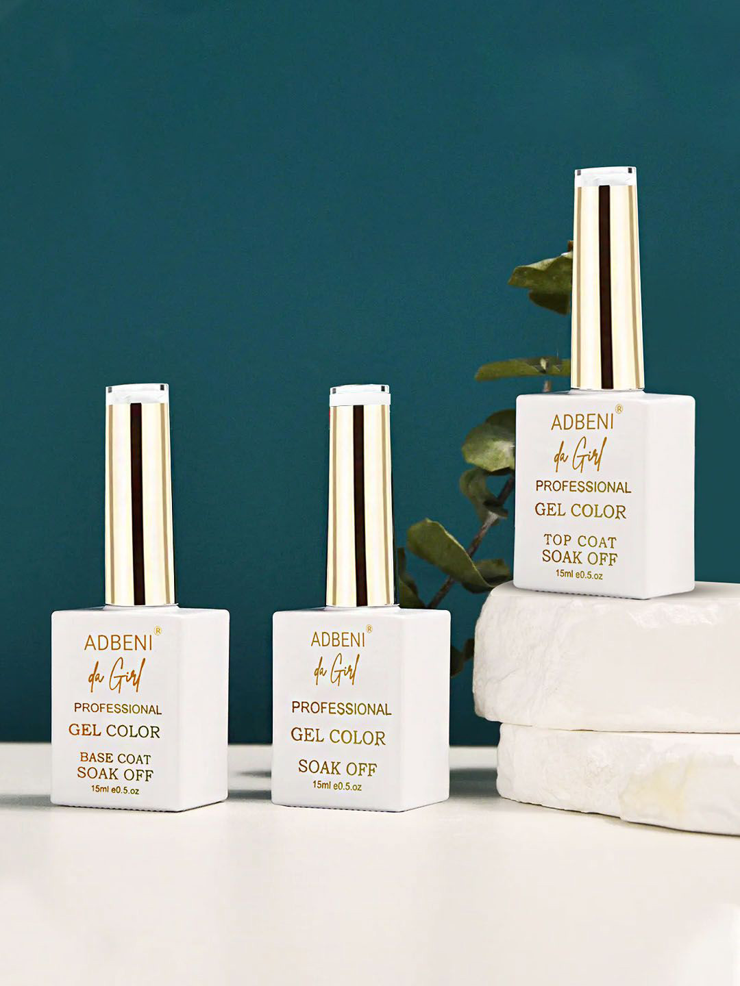 Adbeni Set Of 3 Soak Off Nail Polish - 15 ml Each - Base Coat-Nail Gel Color-Top Coat