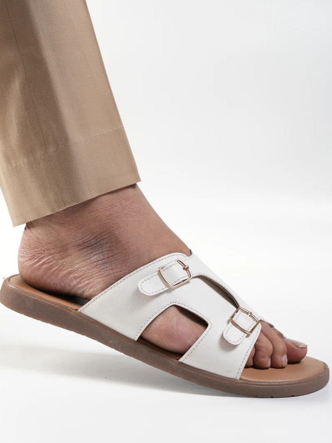 MONKSTORY Men White T-Rad Classic Double Monk Strap Sandals