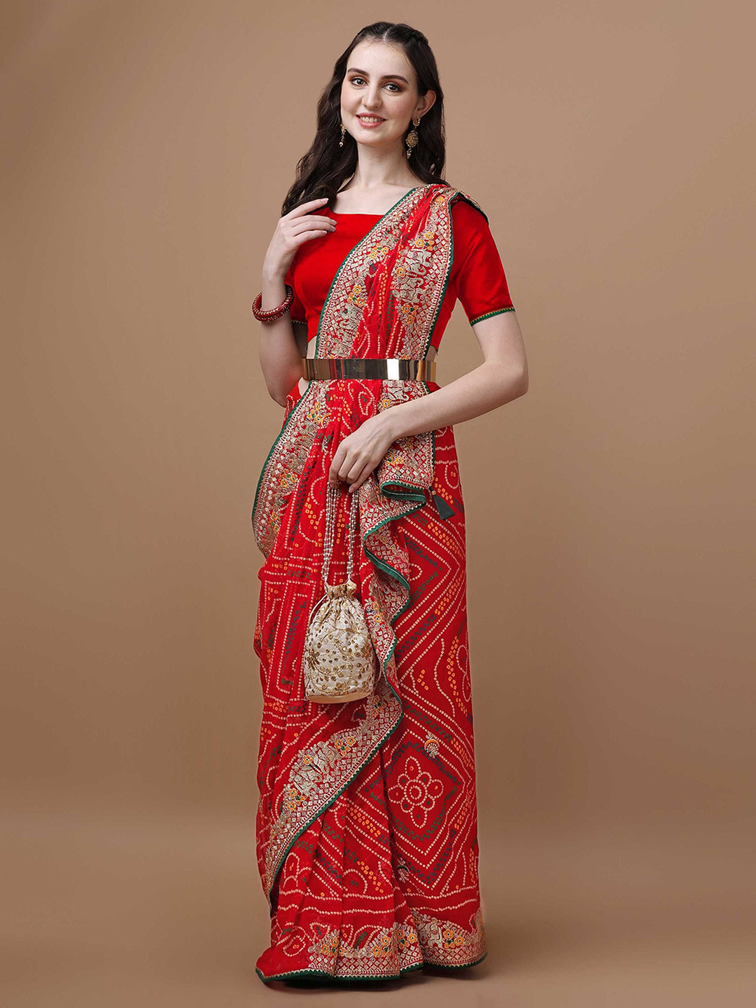 LeeliPeeri Designer Bandhani Printed Embroidered Zardozi Work Saree
