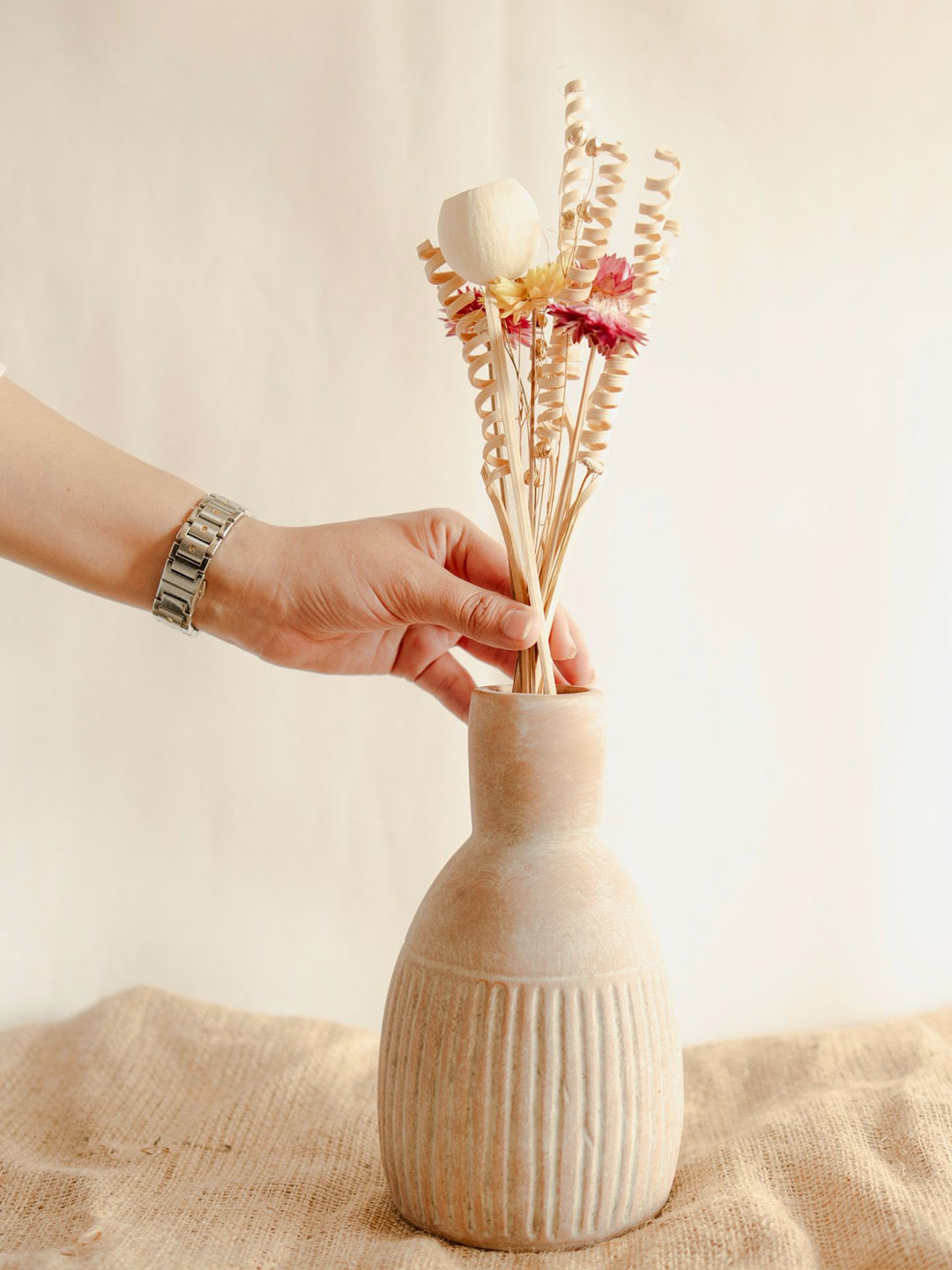 ArteCasa Earthly Beige & Orange-Colored Striped Vase