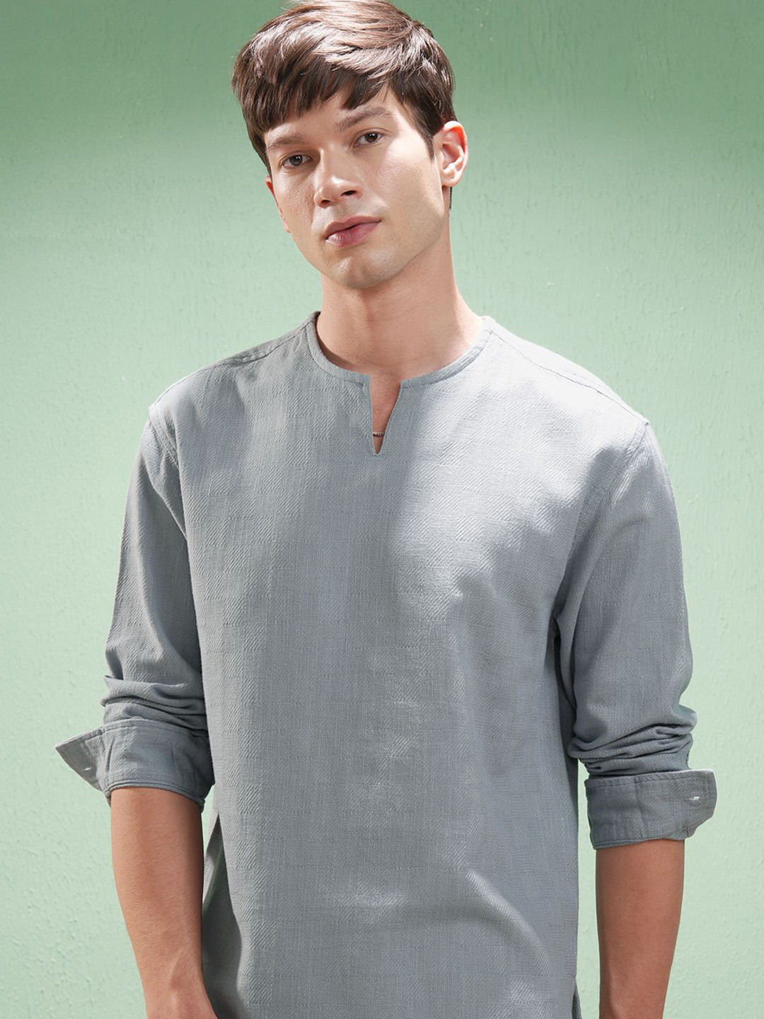 HIGHLANDER Men Dobby Textured Solid Collerless Relaxed Shirt