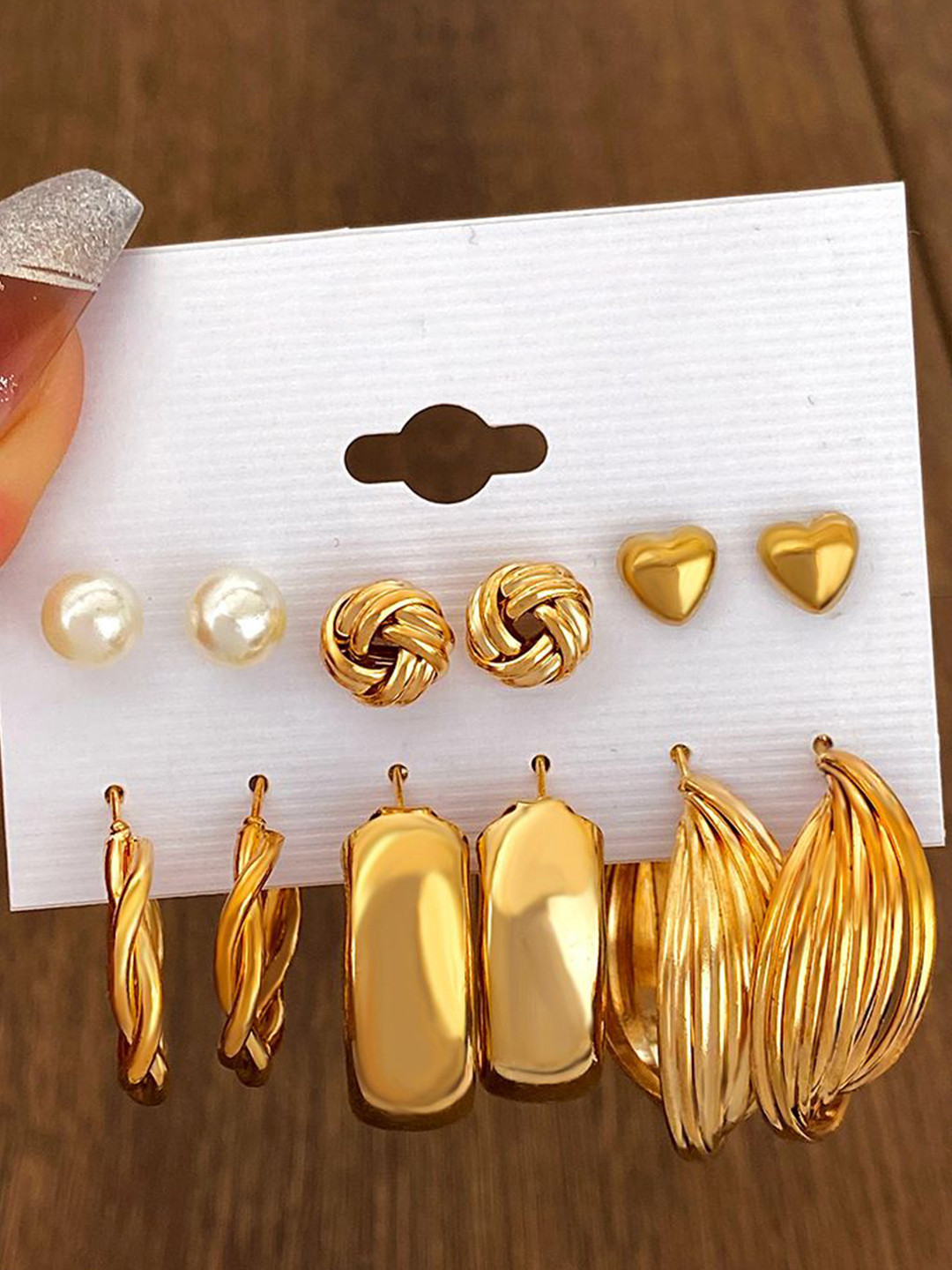 DressBerry Set Of 6 Gold-Plated Perals Studded Circular Half Hoop Earrings