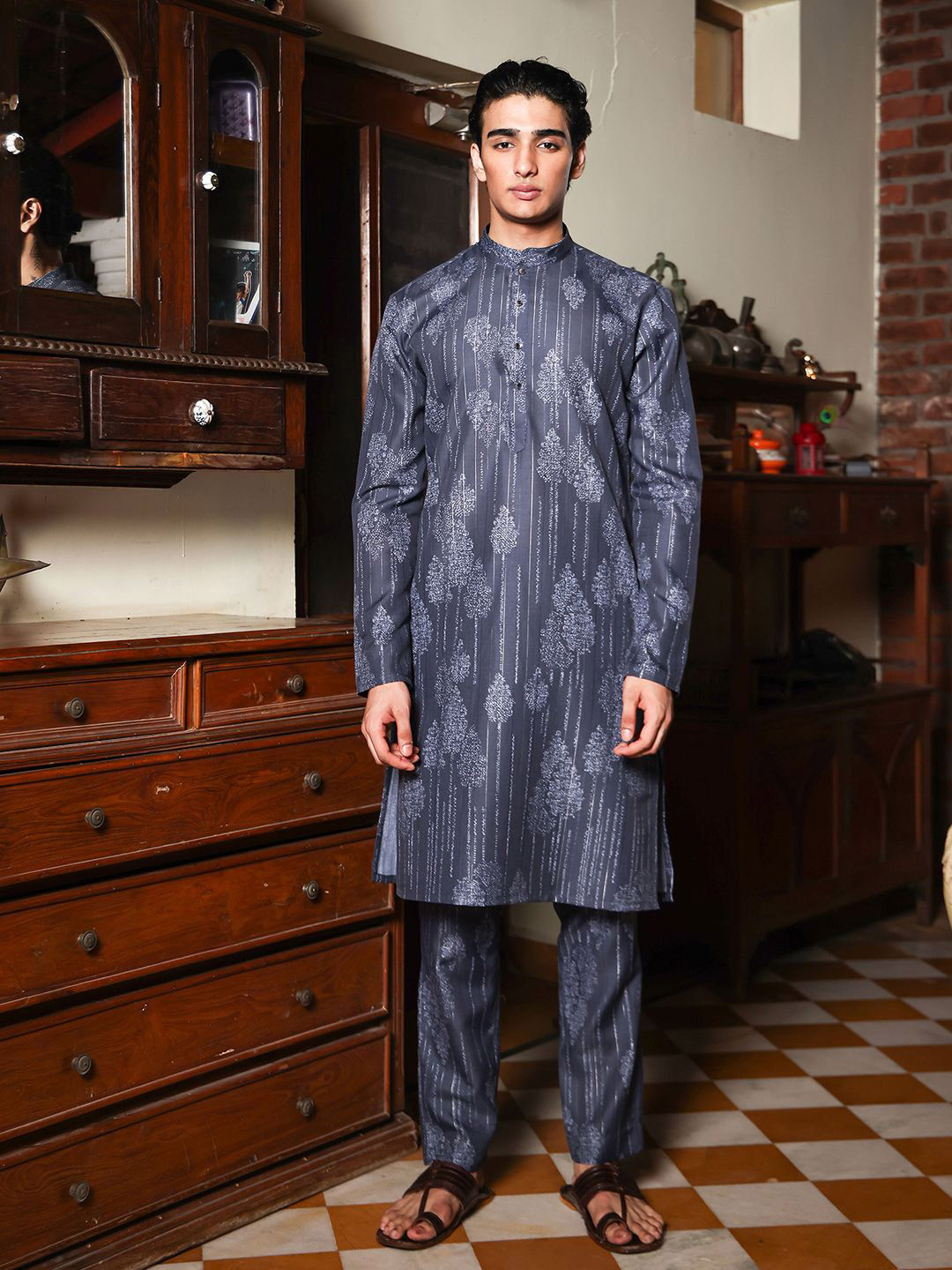 PATR Abstract Printed Mandarin Collar Straight Kurta