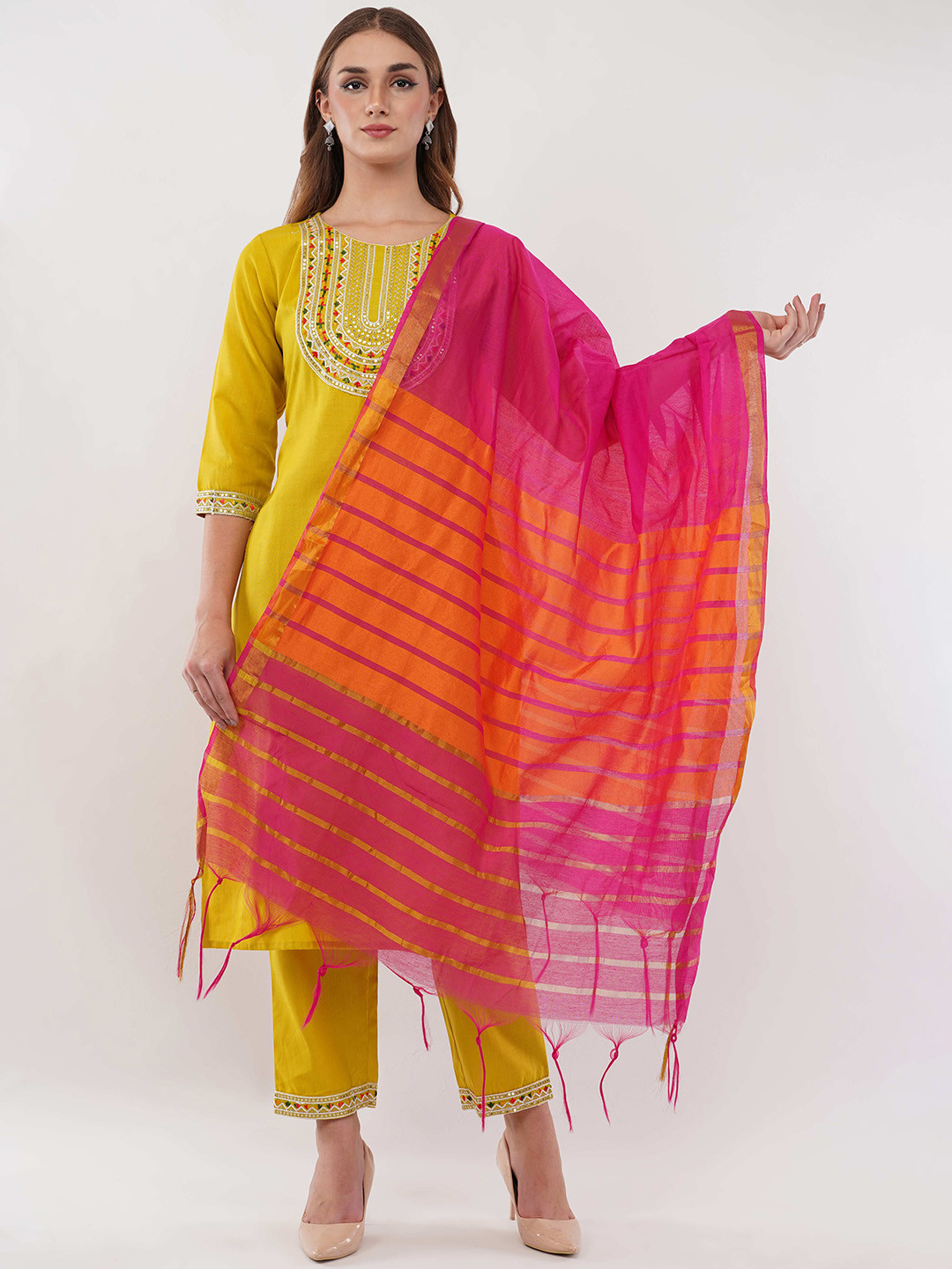 dhartii Ethnic Motifs Yoke Design Gotta Patti Straight Kurta with Trousers & Dupatta