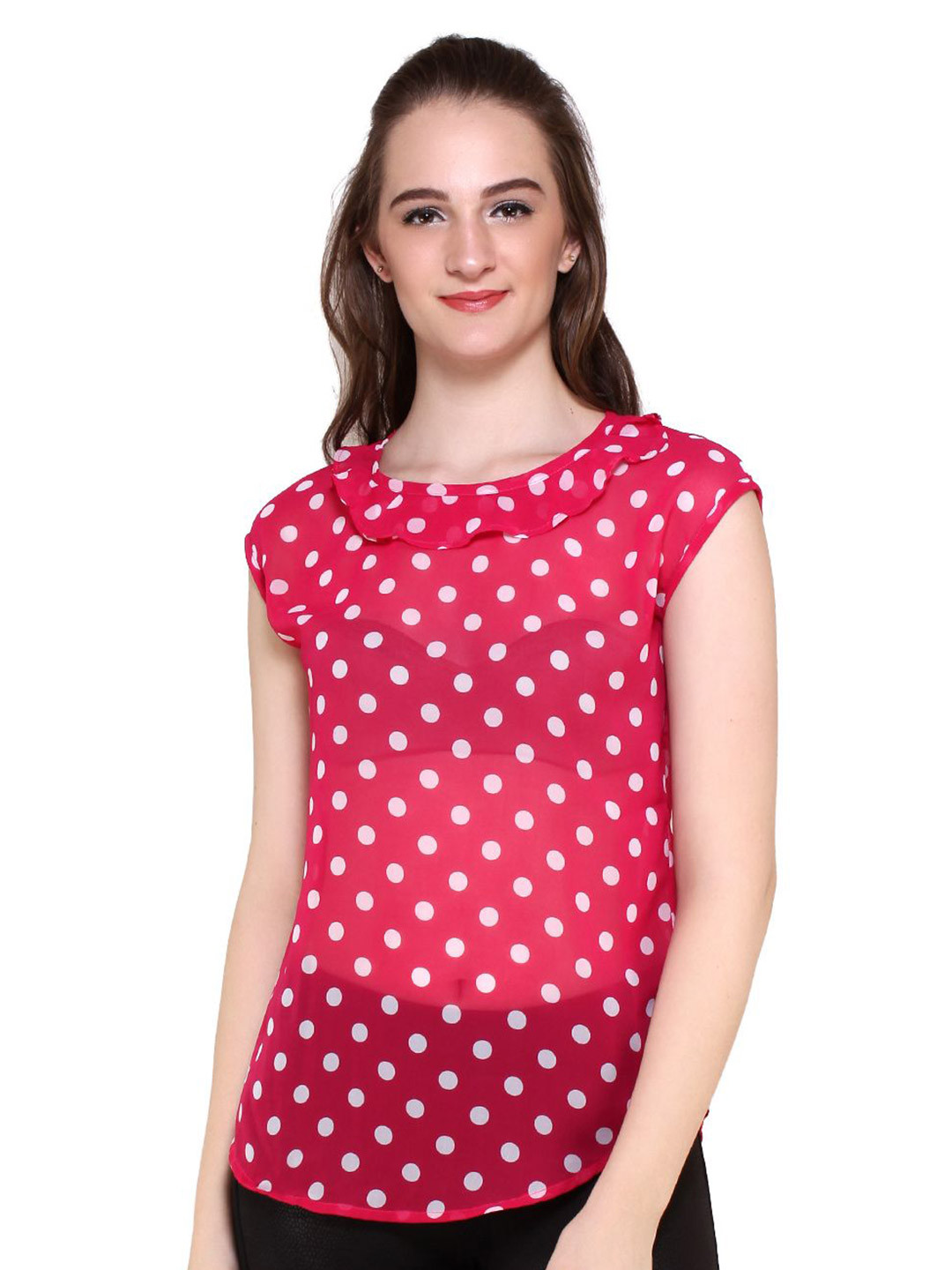 MALLORY WINSTON Women Polka Dots Printed Ruffles Round Neck Top