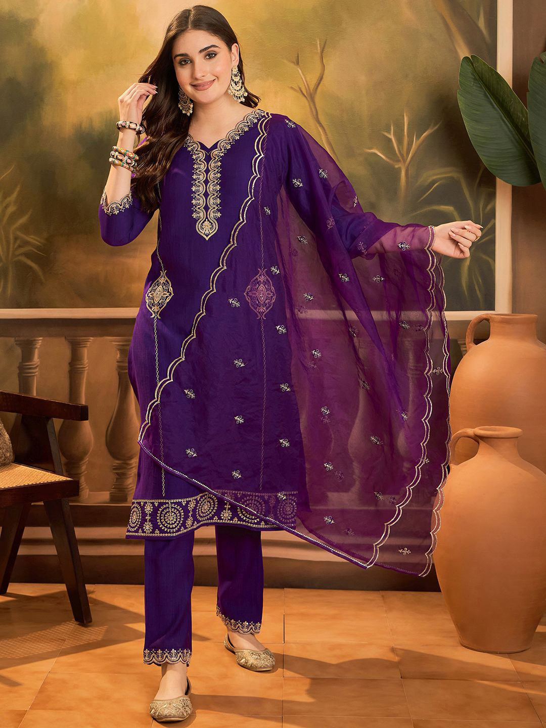 Sangria Ethnic Motifs Embroidered V-Neck Sequinned Straight Kurta With Trousers & Dupatta