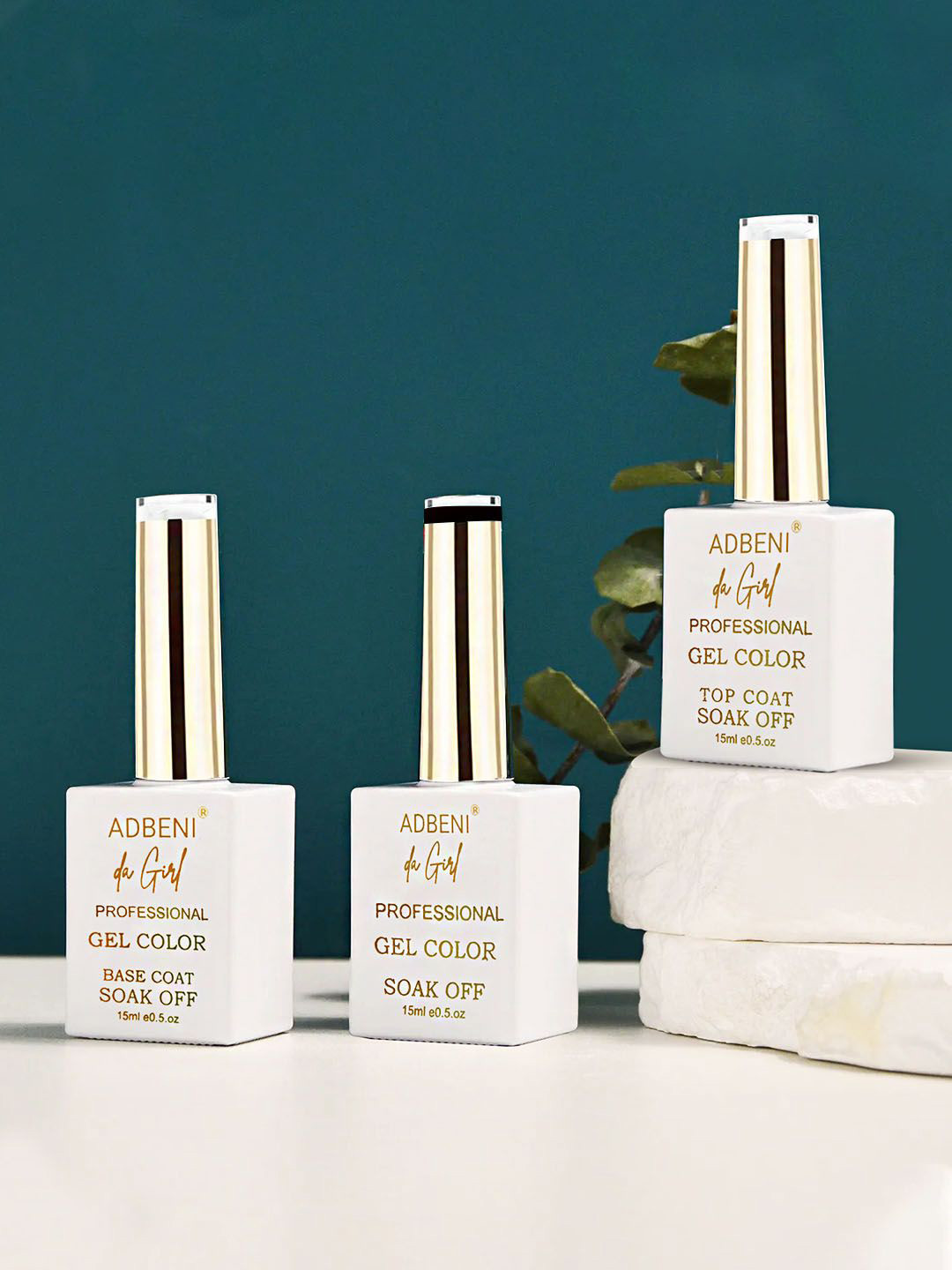 Adbeni Set Of 3 Soak Off Nail Polish -15 ml Each - Base Coat-Nail Gel Color-Top Coat Black