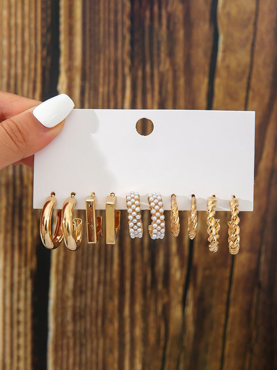 DressBerry Set Of 6 Gold-Plated Perals Beaded Circular Half Hoop Earrings