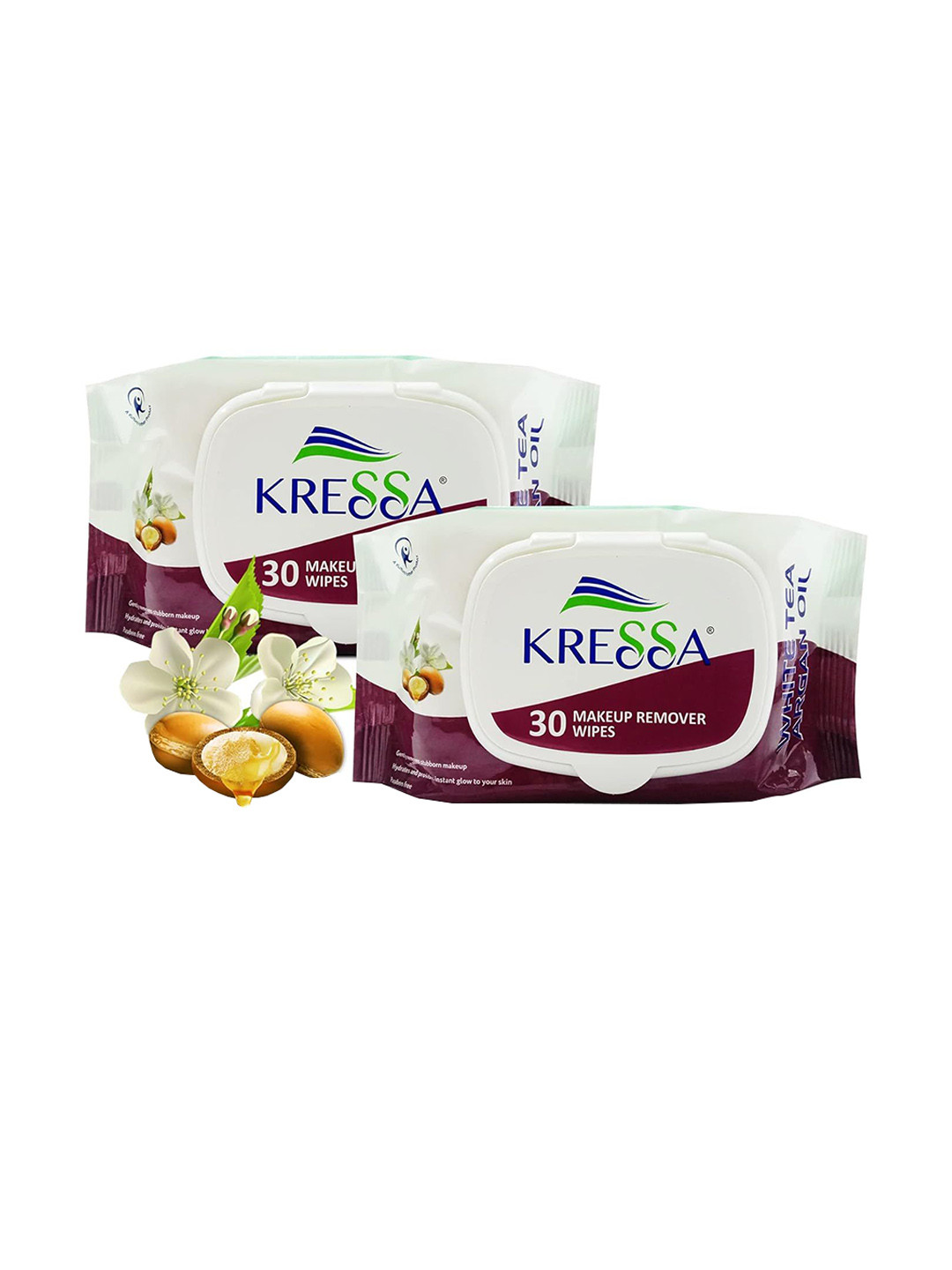 kressa Set Of 2 Makeup Remover Wipes With White Tea & Argan Oil- 30 Wipes Each