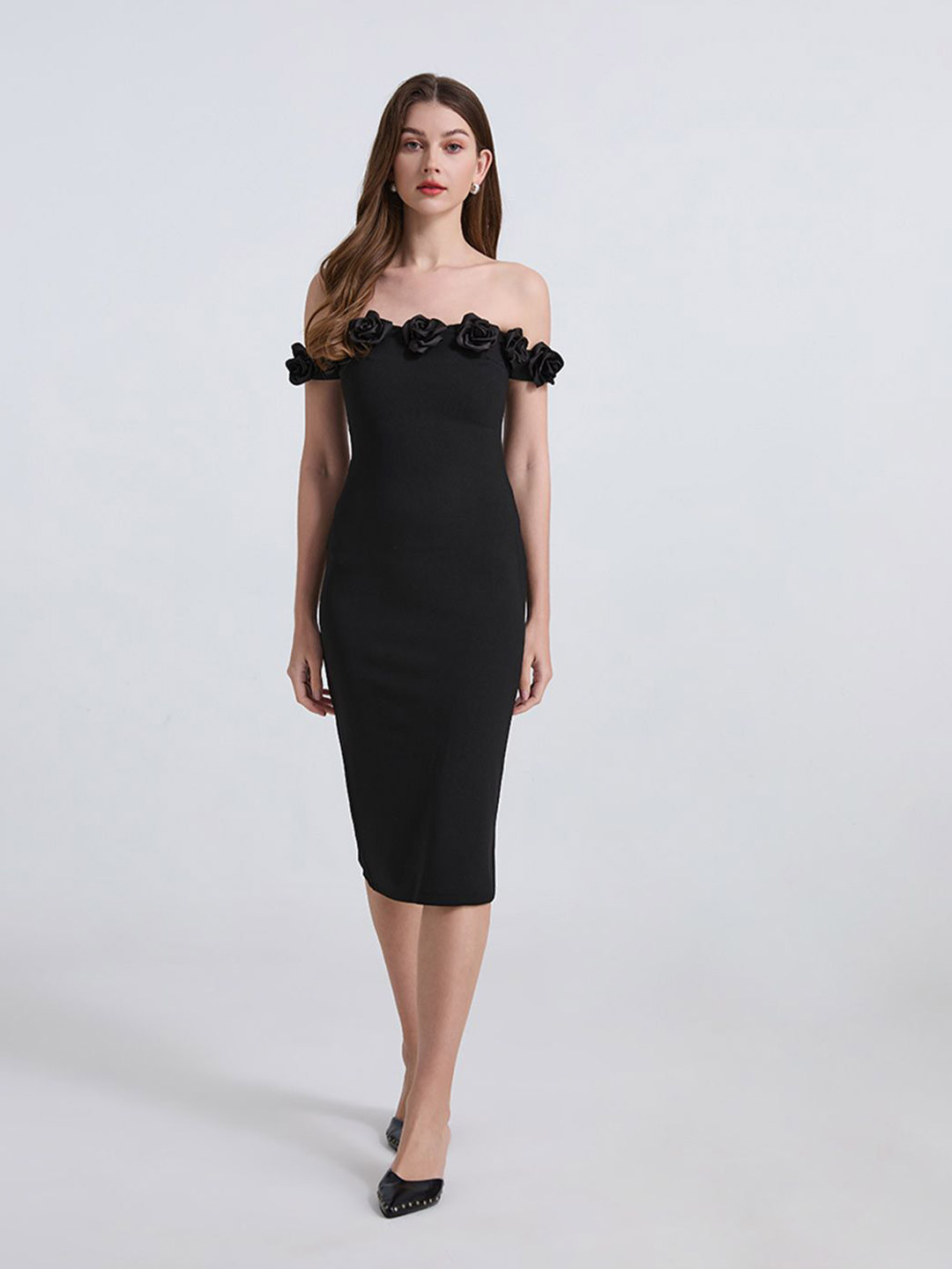 JC Collection Women Floral Applique Bodycon Midi Dress