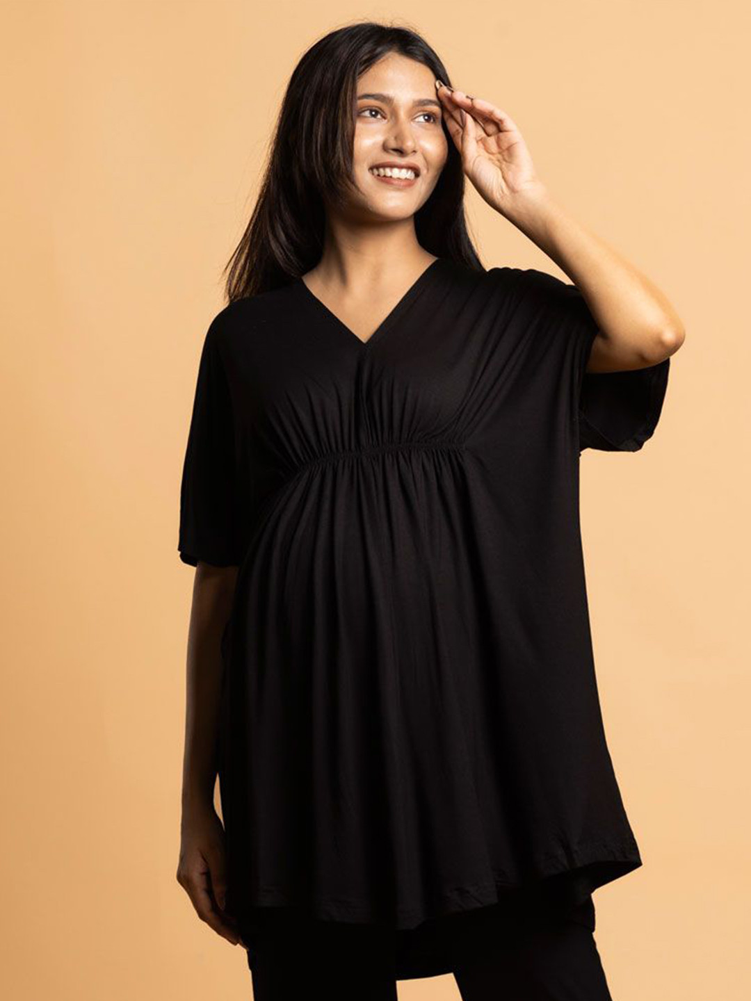 Block Hop Women Solid V-Neck Cotton Longline Kaftan Top