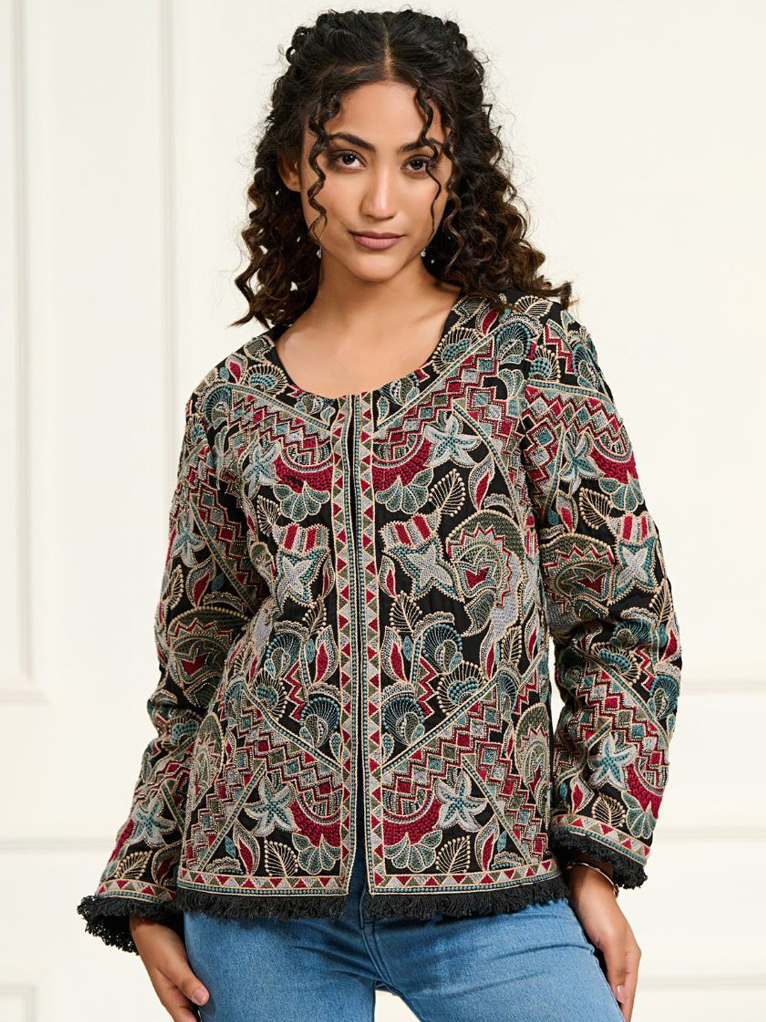 Zolo Label Women Floral Embroidered Cotton Open Front Jacket
