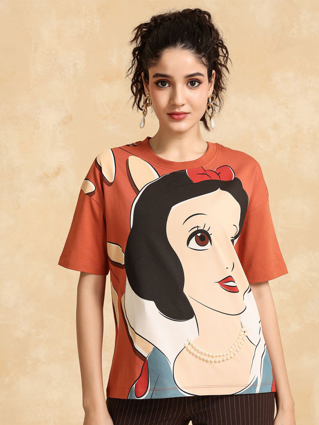 Kazo Women Snow White Graphic Printed Round Neck Cotton Relaxed Fit T-shirt