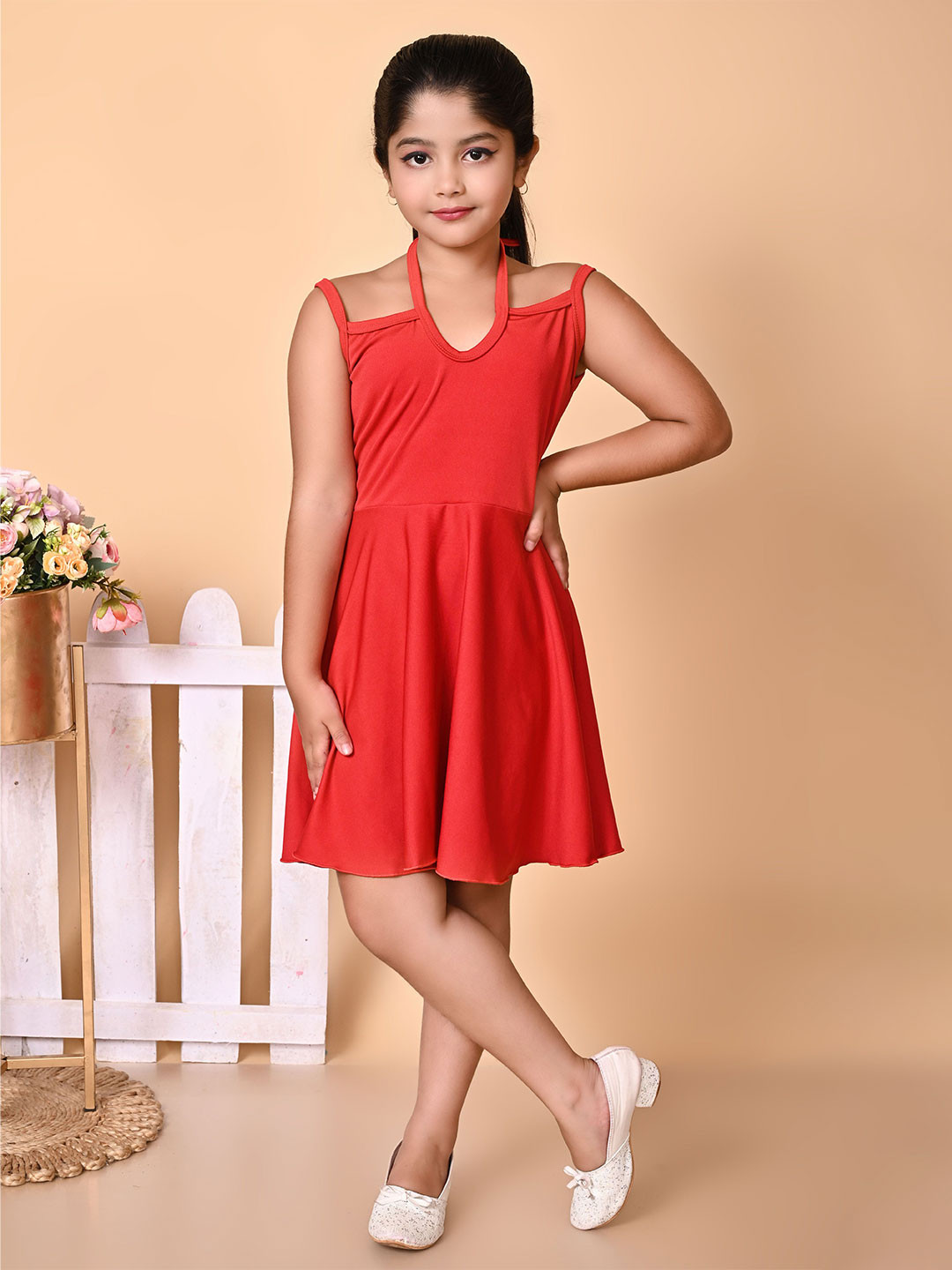 BARKAT DESIGNING PLANET Girls Solid Tie-Up Neck A-Line Knee Length Dress