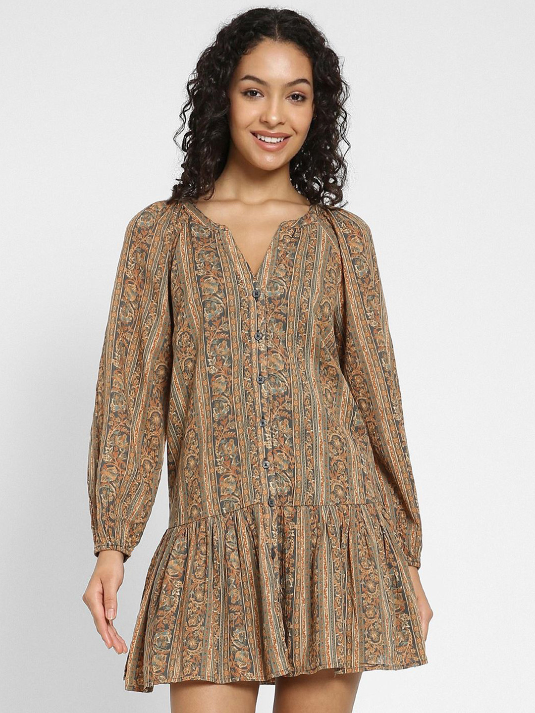 AMERICAN EAGLE OUTFITTERS Floral Print Puff Sleeve V- Neck Drop-Waist Mini Dress