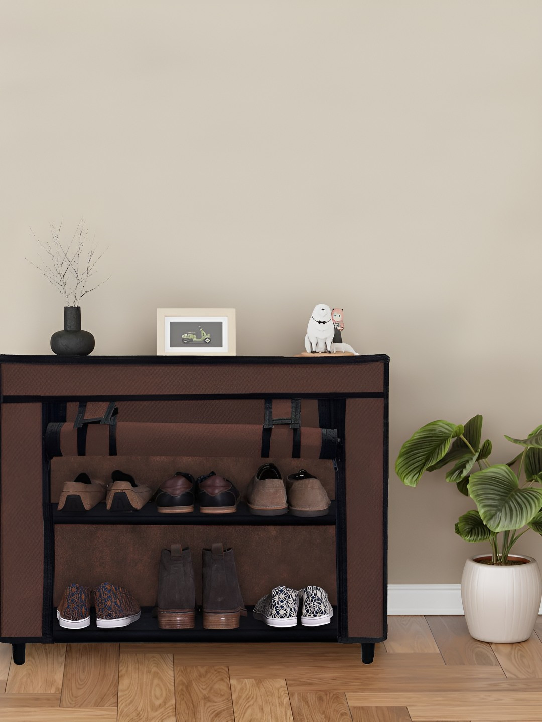 Rmerchants Brown 2 Layers Stainless Steel Collapsible Shoe Rack With Dust Cover