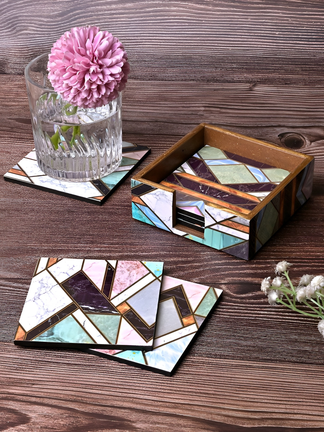 Storepedia 6 Pieces Green & Brown Abstract Printed Square Wooden Coasters With Stand