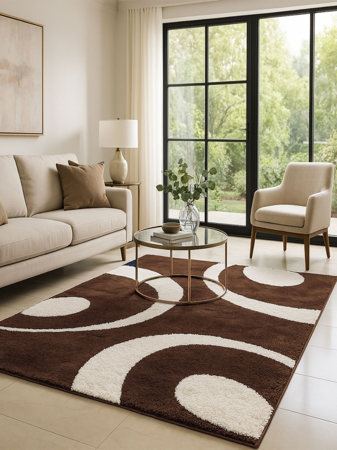 AaHo Decor Coffee Brown & White Geometric Anti-Skid Microfiber Carpet