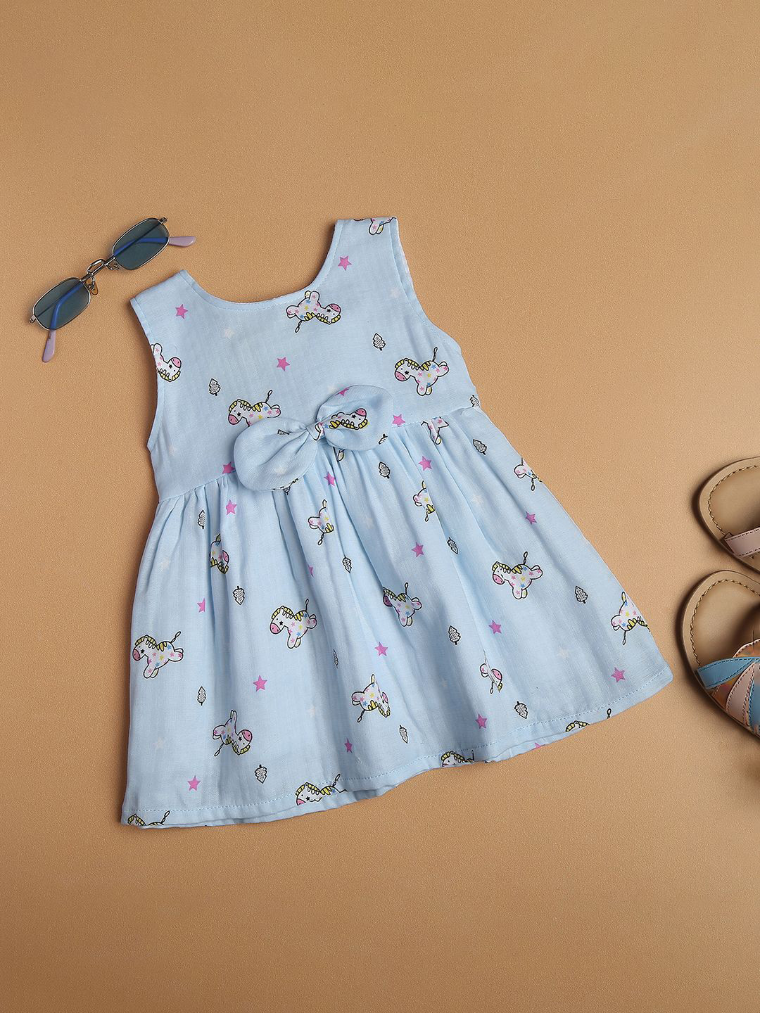 Macwin Girl Unicorn Print Bow Fit & Flare Muslin Dress
