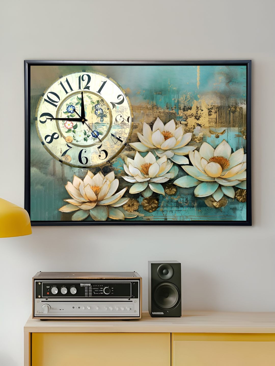 Art Street Blue & Gold Toned Wooden Wall Art Painting with Clock