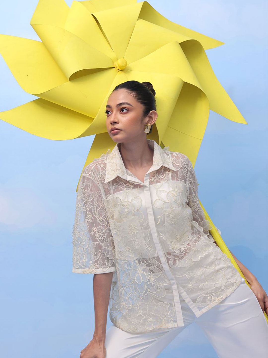 COUCHE BY ANANDINI Women Self Design Spread Collar Oversized Premium Sheer Shirt
