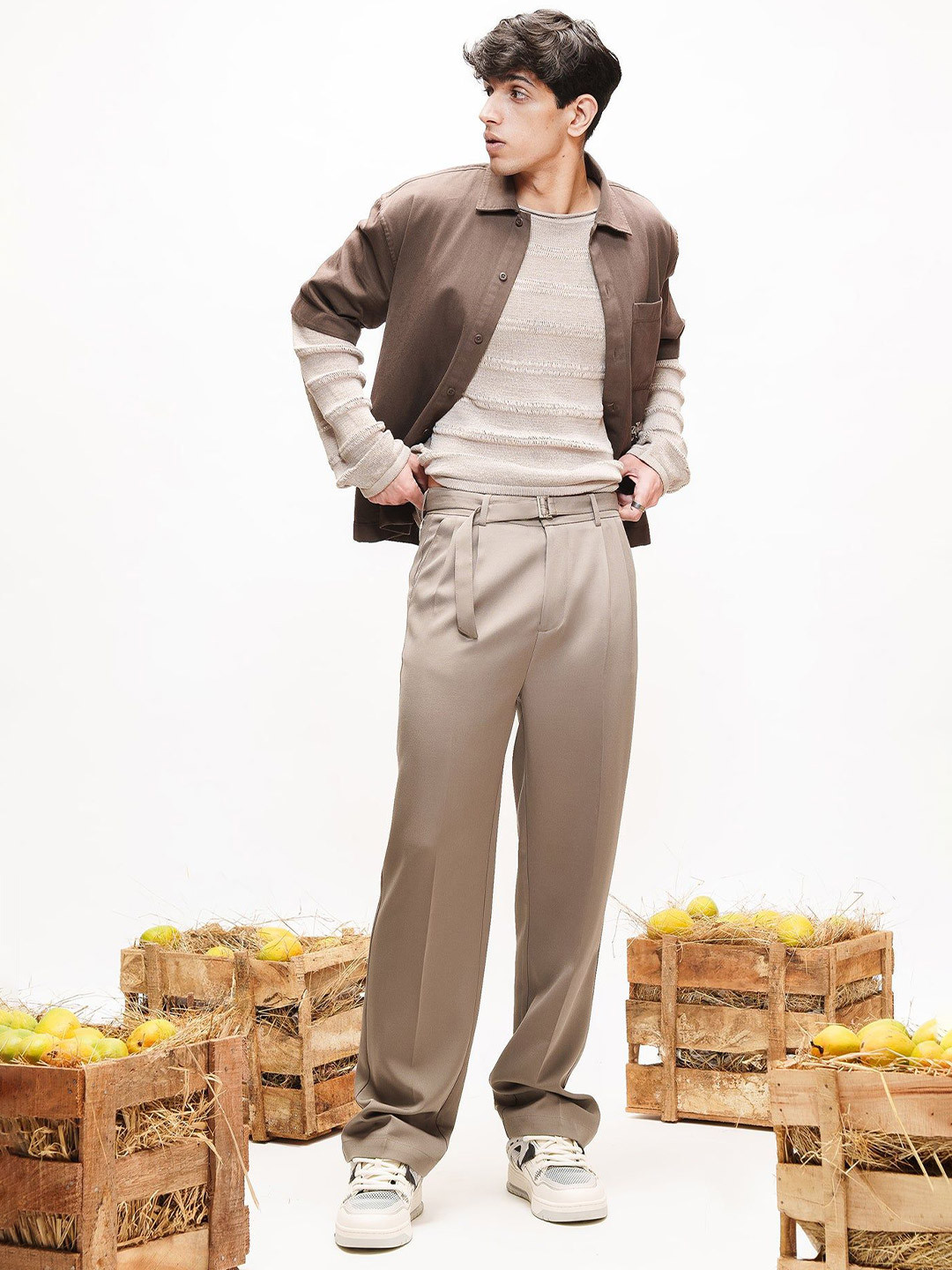 FREAKINS Men Straight Fit Pleated Belted Korean Pants