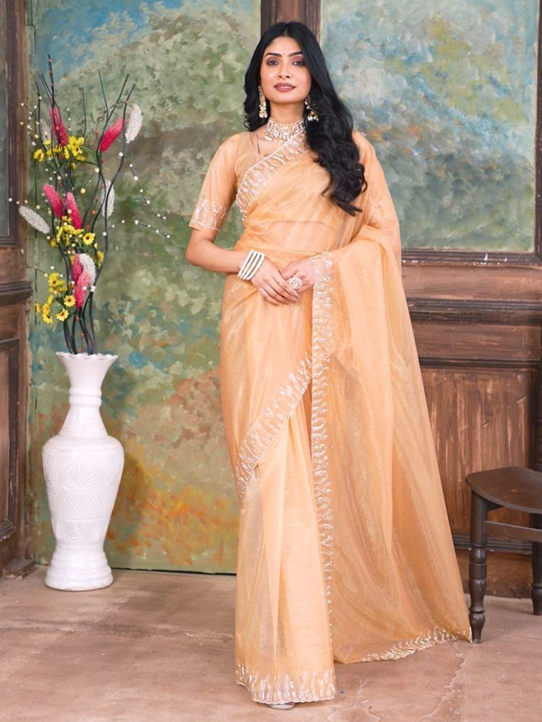 Branzios Embellished Beads and Stones Net Saree