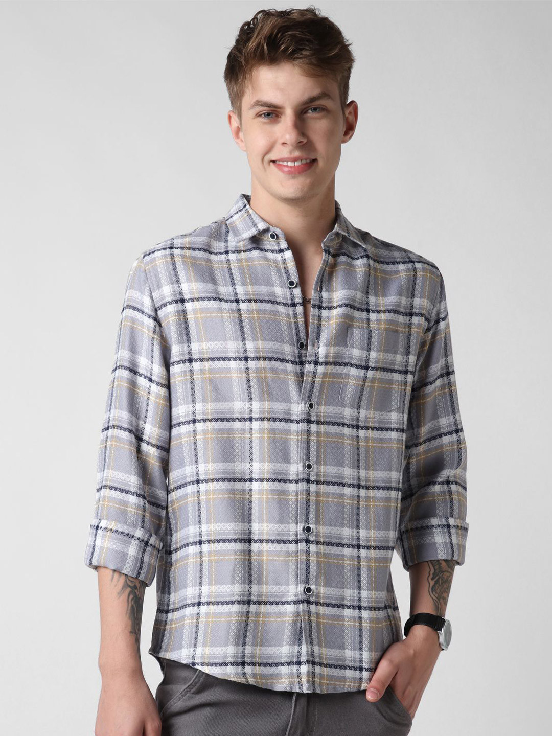 VASTRADO Men Fossil Grey Diamond Jacquard Checkered Slim FIt Shirt
