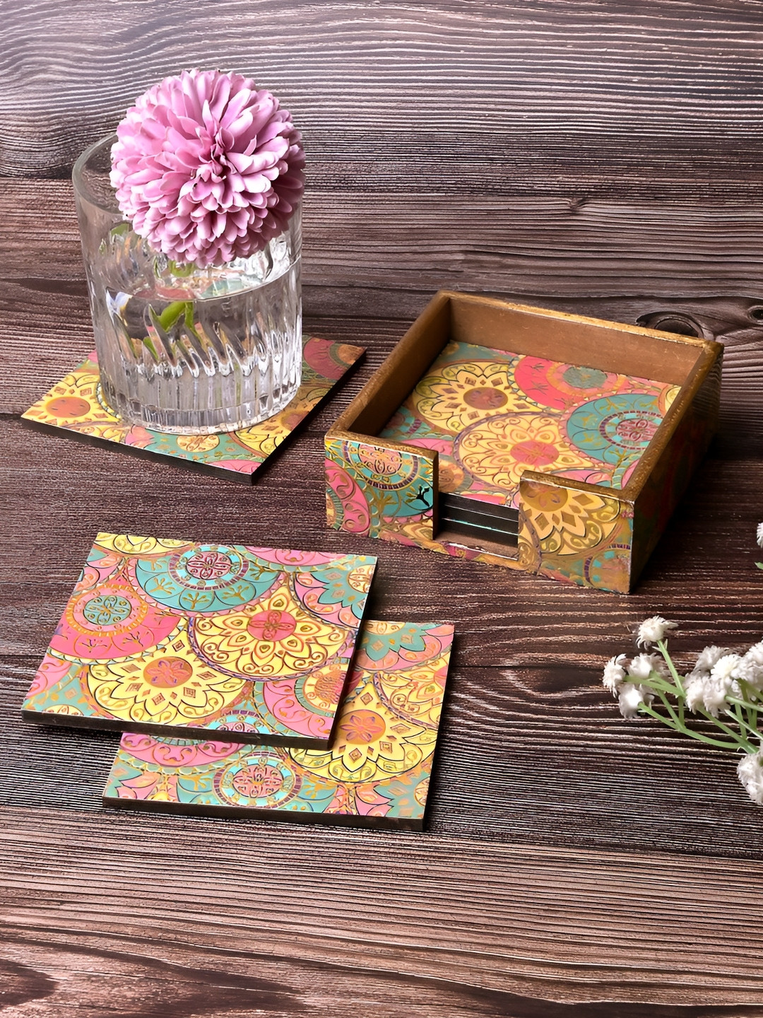Storepedia 6 Pieces Pink & Blue Rangoli Printed Square Wooden Coasters With Stand