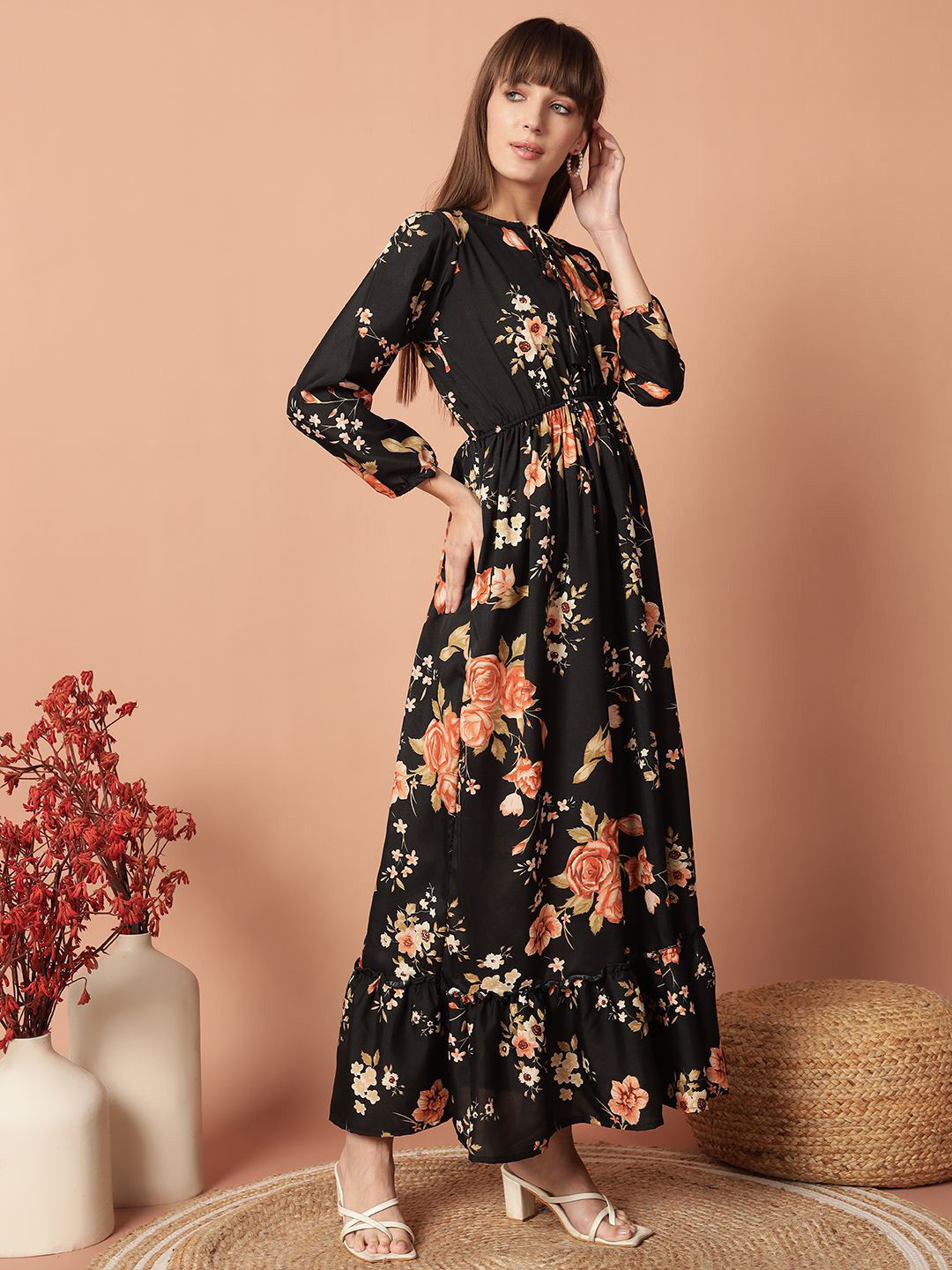 Raiyani Enterprise Floral Printed Gathered or Pleated Tie-Up Neck Fit & Flare Maxi Dress