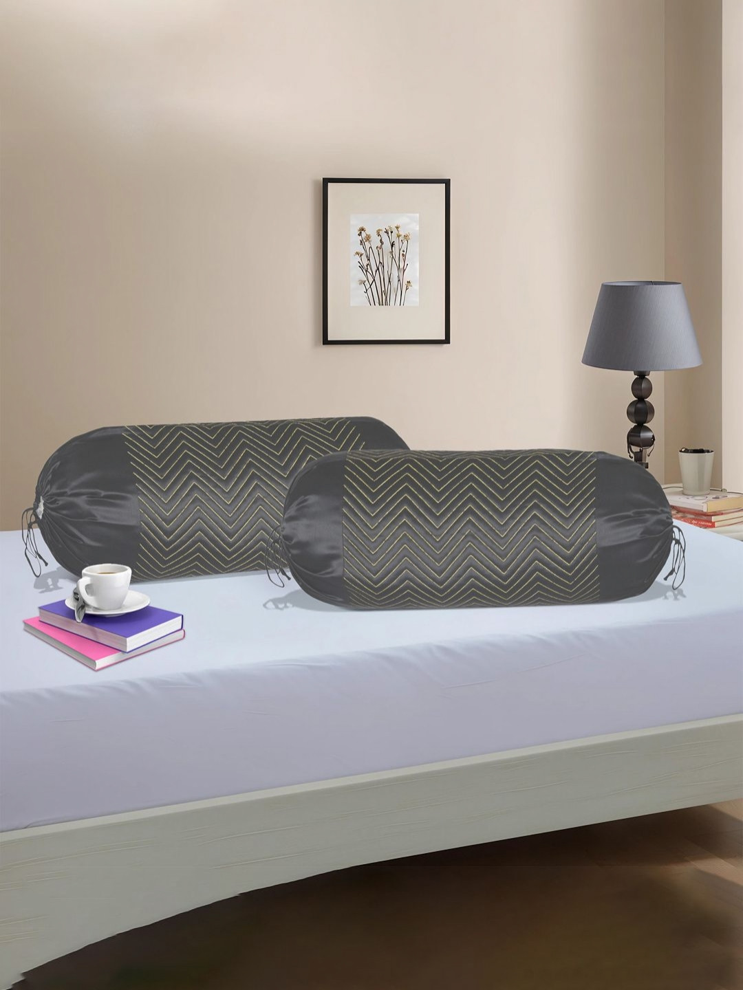 Myntra Elegant Homes 2-Pcs Grey Zig Zag Patterned Breathable Allergen Free Bolster Covers