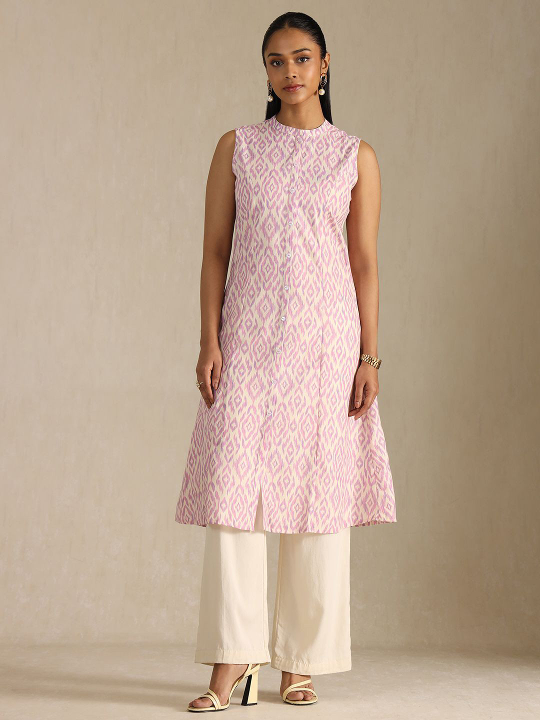 Soch Ethnic Motifs Printed Sleeveless Panelled Ikat Linen A-Line Kurta