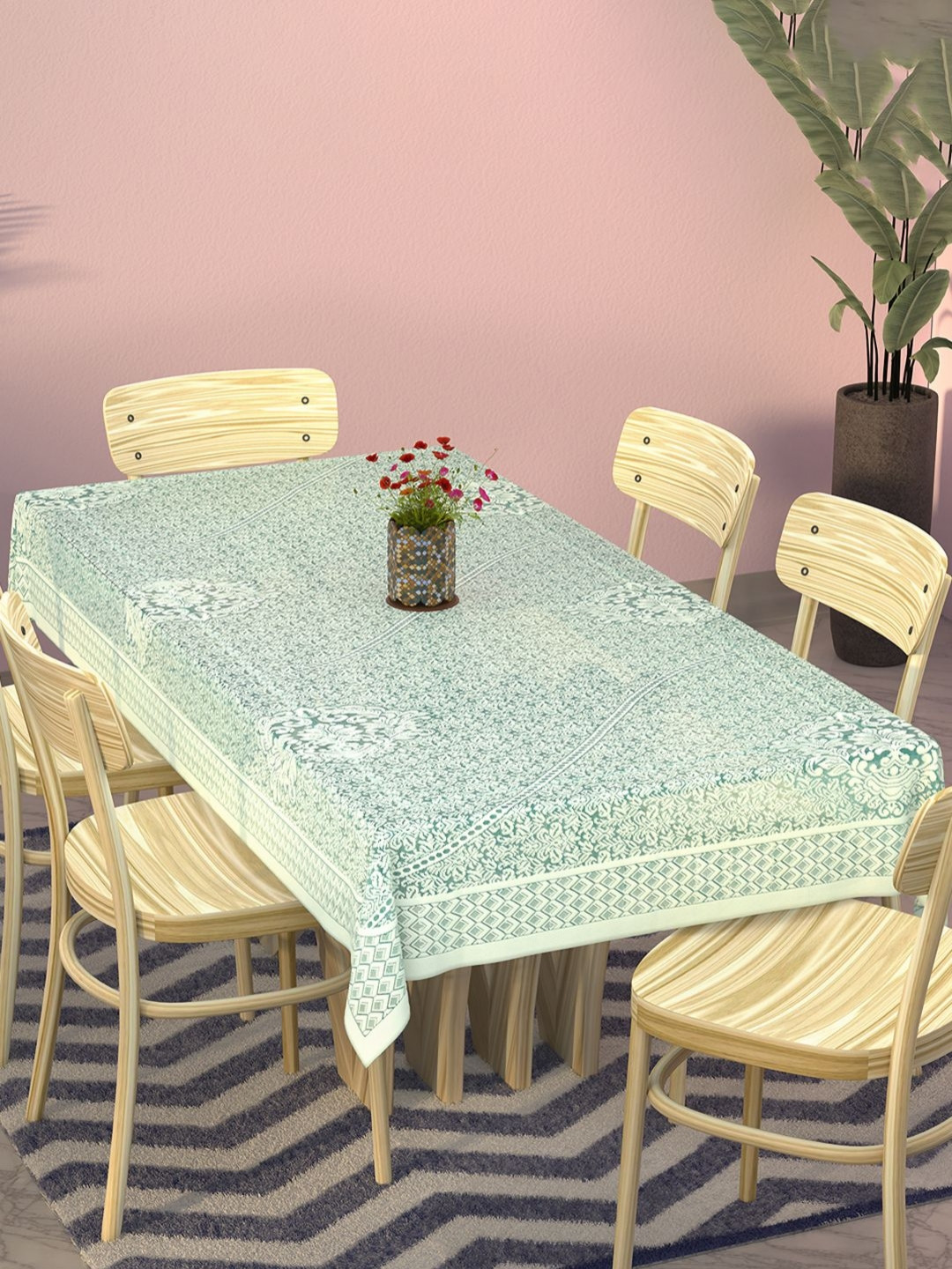 Myntra Elegant Homes Blue Floral Washable Cotton 6-Seater Table Cover