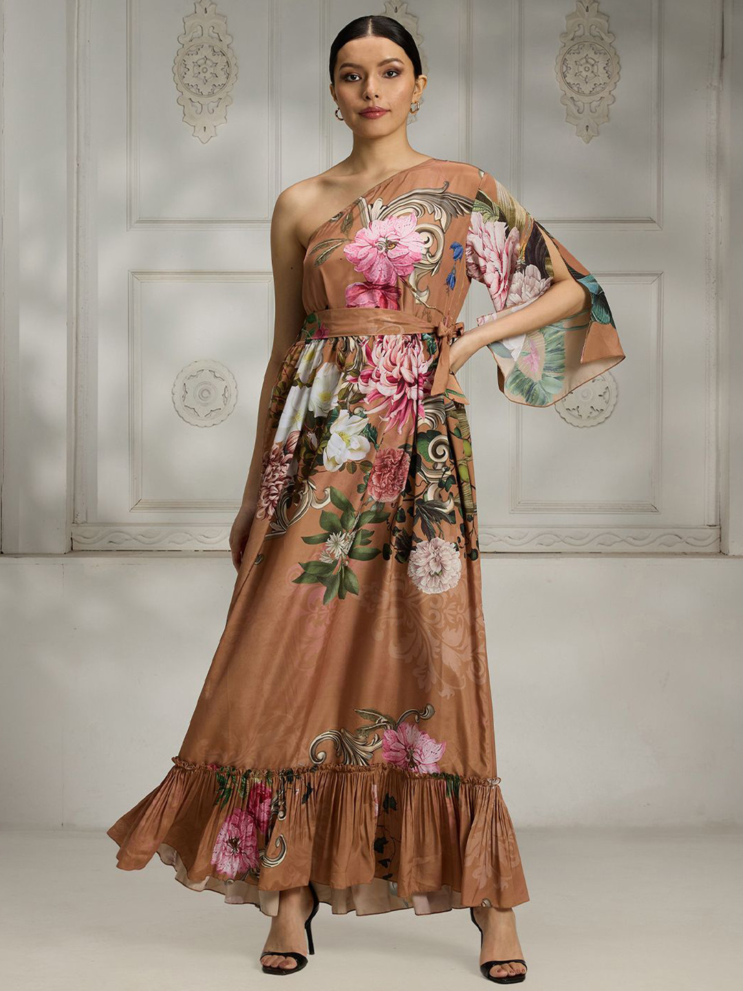 Rivaar By Rocky Star Floral Printed Tie-Ups One Shoulder Flared Sleeve A-Line Maxi Dress