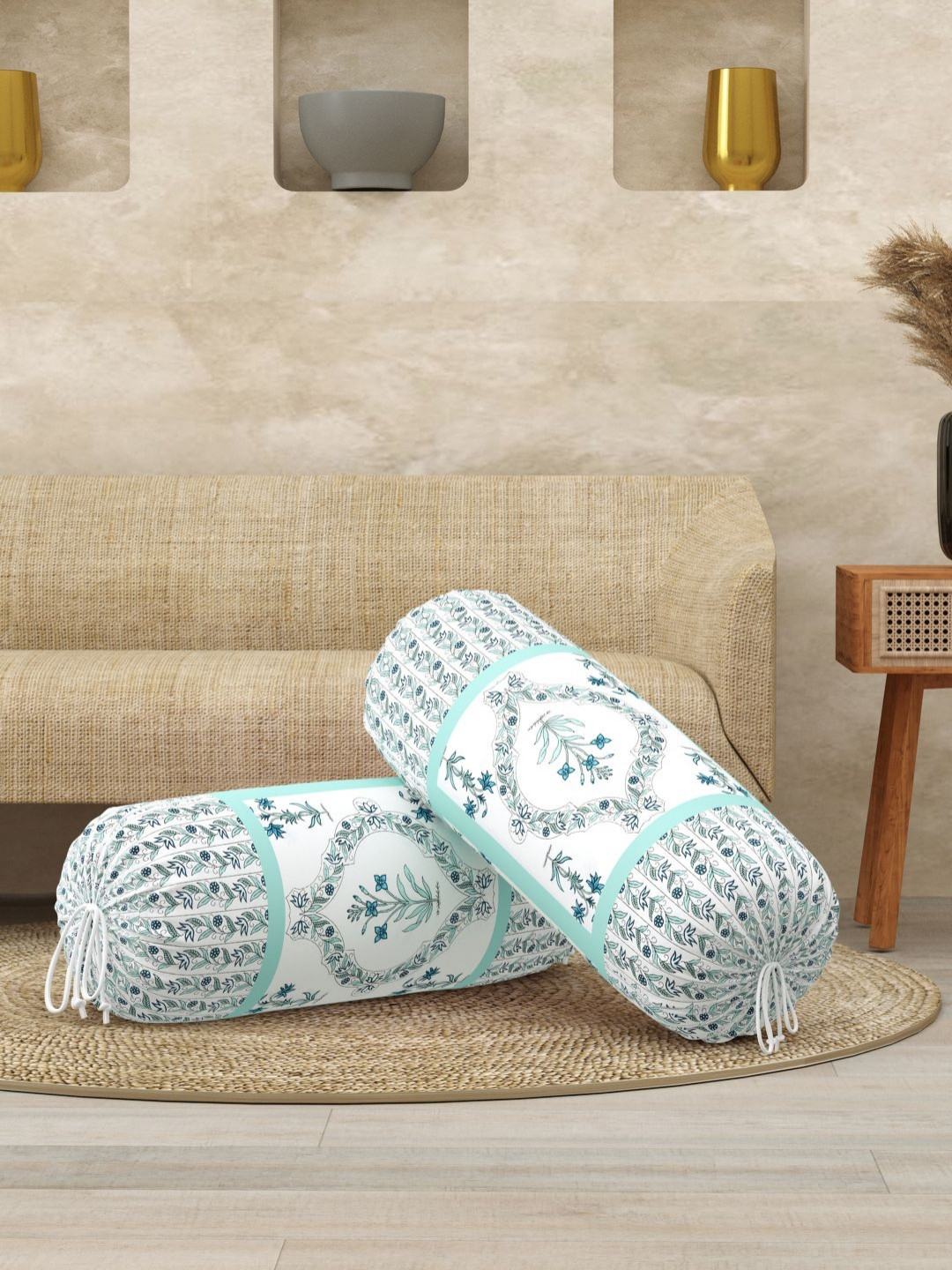 BLOCKS OF INDIA Turquoise Blue 2 Pieces Floral Printed Cotton Cylindrical Bolster Covers