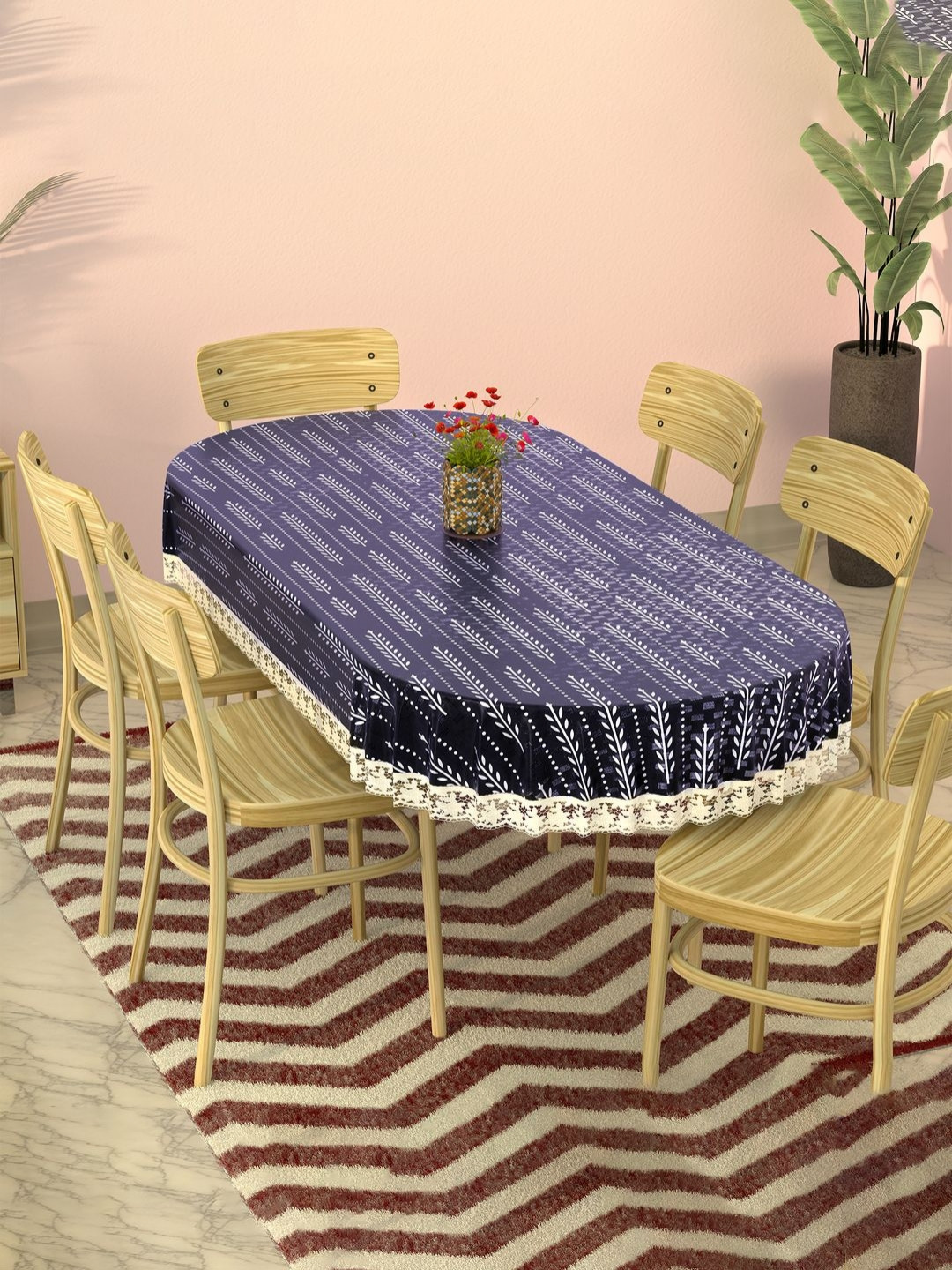 Myntra Elegant Homes White & Blue Lining Leaf Oval PVC 6-Seater Table Cover