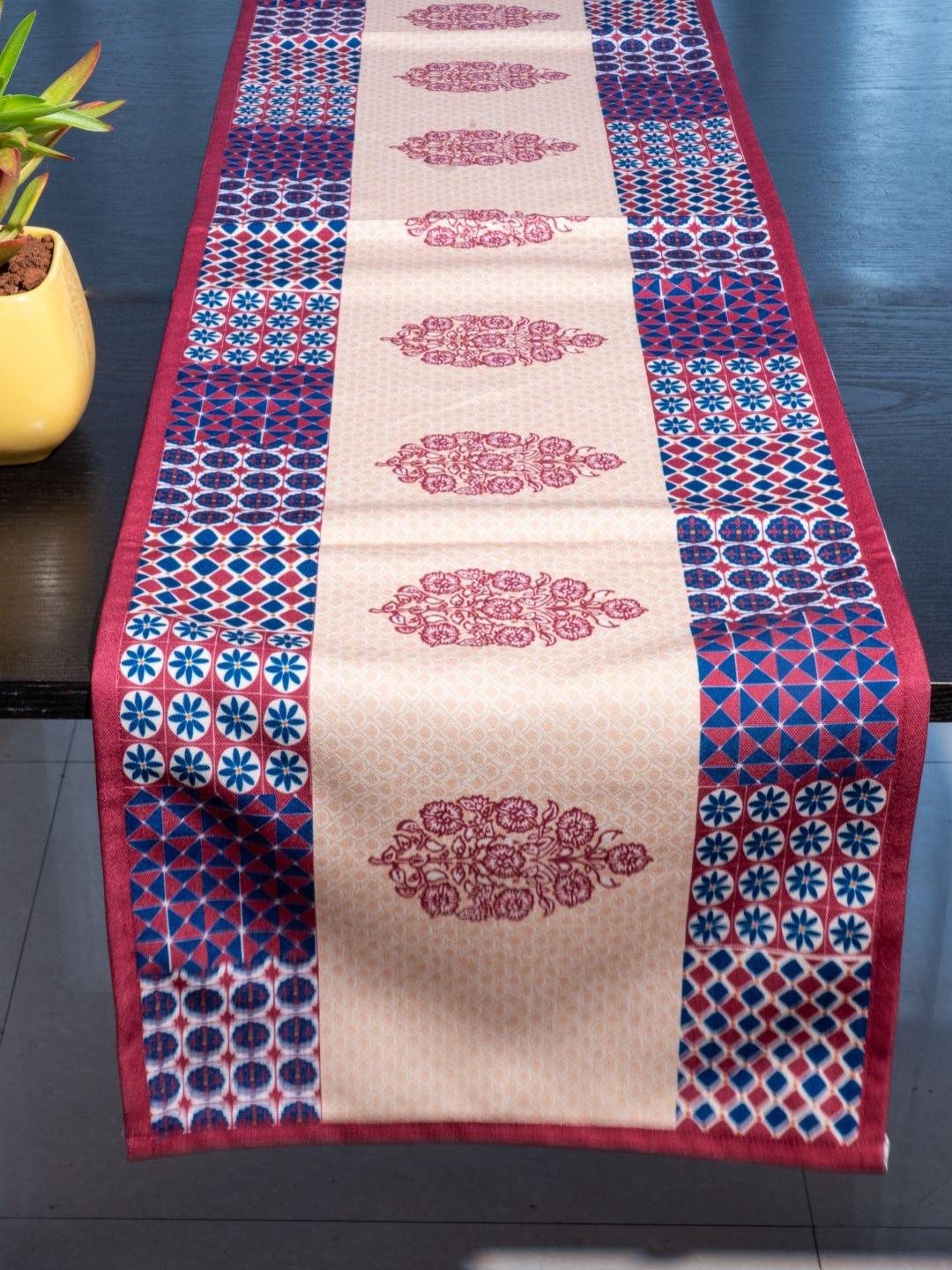 Indisca Designs Maroon & Beige Printed Table Runner