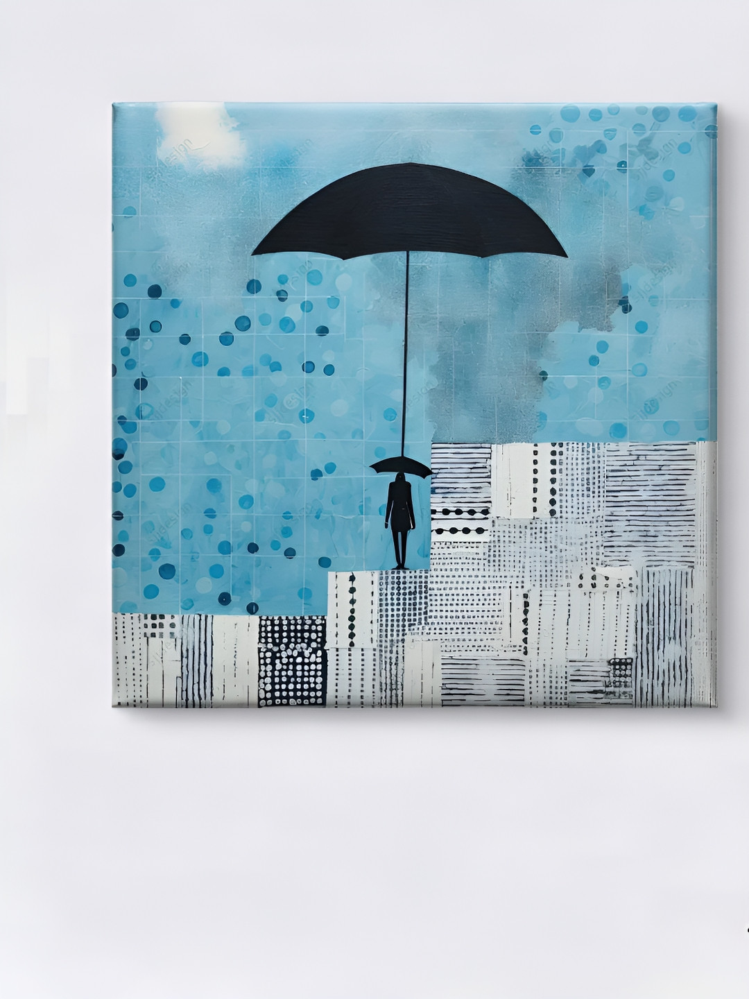 Livin'luxe Grey & Blue Abstract Man With Umbrella Canvas Wall Art
