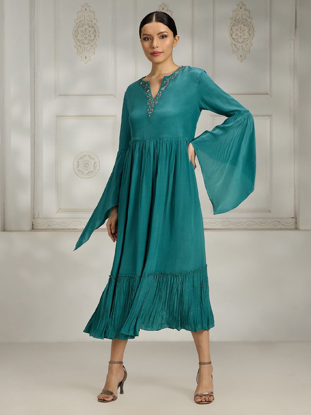 Rivaar By Rocky Star Crepe Embroidered V-Neck Bell Sleeves A-Line Dress