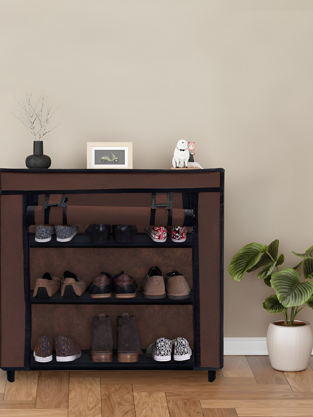 Rmerchants Brown 3 Layers Stainless Steel Collapsible Shoe Rack With Dust Cover